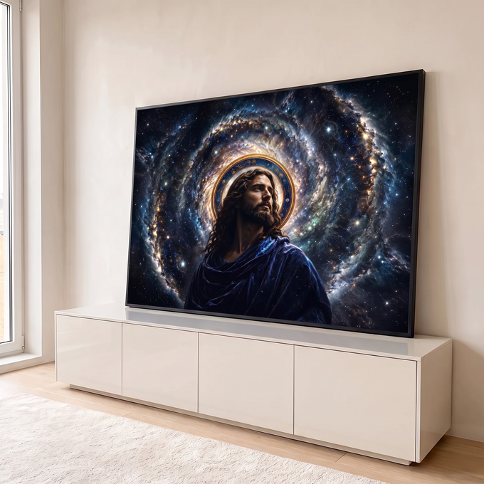 Jesus Cristo de manto azul e auréola dourada diante de uma galáxia espiral estrelada, quadro decorativo