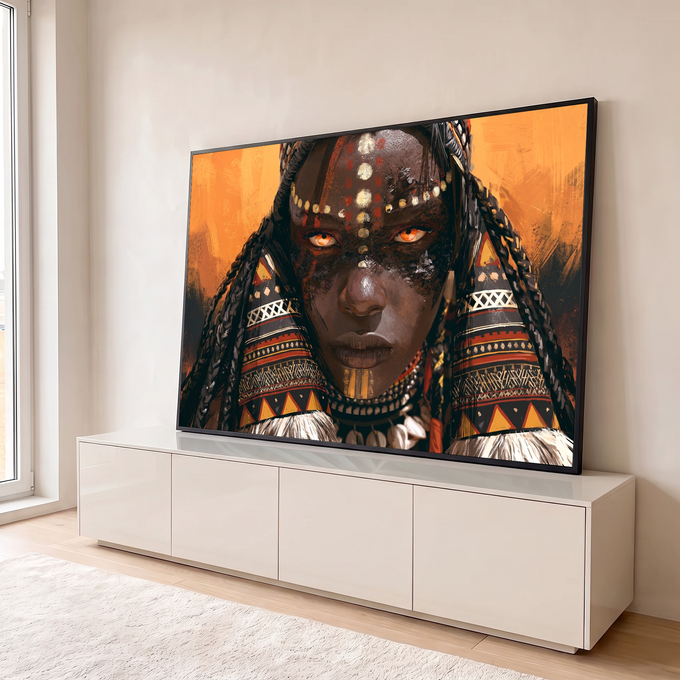 Guerreira africana com pintura facial, tranças e adornos tribais sobre fundo laranja, quadro decorativo