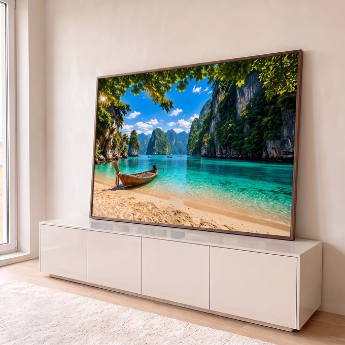 Quadro Decorativo Grande Lagoa Turquesa para Sala Azul | quadros decorativos para sala | lagoa turquesa com falésias verdes e barco de madeira na praia tropical | em Quadros para Sala | Porao dos Quadros