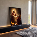 Quadro Decorativo Grande Jesus Cristo Auréola para Sala | quadros decorativos para sala | Jesus Cristo sentado com auréola dourada abençoando homem ajoelhado em oração | em Quadros para Sala | Porao dos Quadros