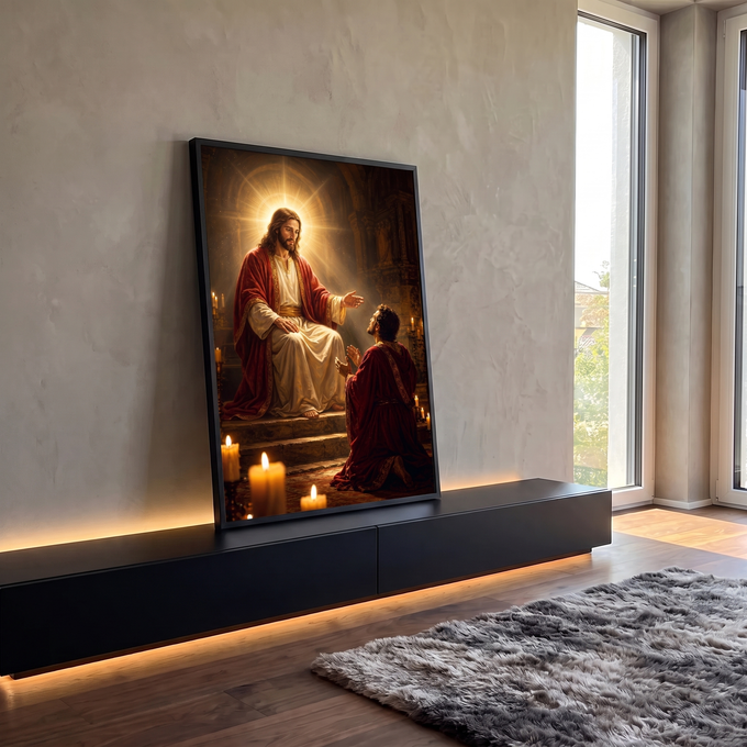 Quadro Decorativo Grande Jesus Cristo Auréola para Sala | quadros decorativos para sala | Jesus Cristo sentado com auréola dourada abençoando homem ajoelhado em oração | em Quadros para Sala | Porao dos Quadros
