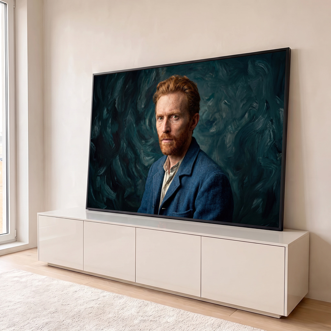 Quadro Decorativo Grande Retrato de Homem para Sala Azul | quadros decorativos para sala | retrato de homem ruivo de barba contra fundo azul com pinceladas sinuosas | em Quadros para Sala | Porao dos Quadros