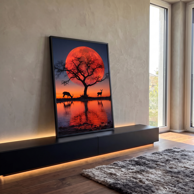 Lua vermelha gigante atrás de árvore em silhueta com antílopes refletidos no lago, quadro decorativo