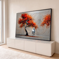 Árvore de folhas vermelhas e laranja com cavalo branco sobre fundo cinza em relevo, quadro decorativo
