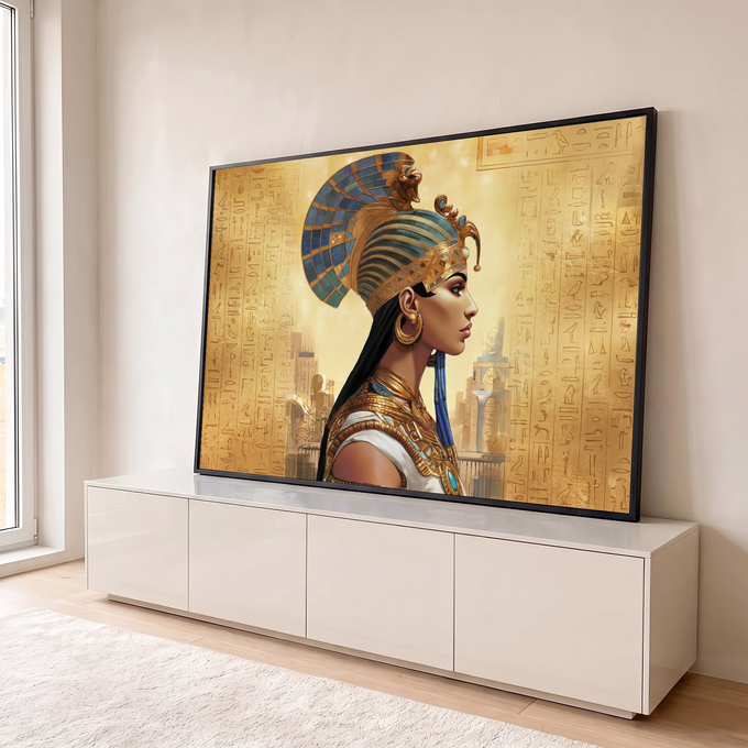 Rainha egípcia de perfil com coroa azul e ouro, joias e hieróglifos ao fundo, quadro decorativo