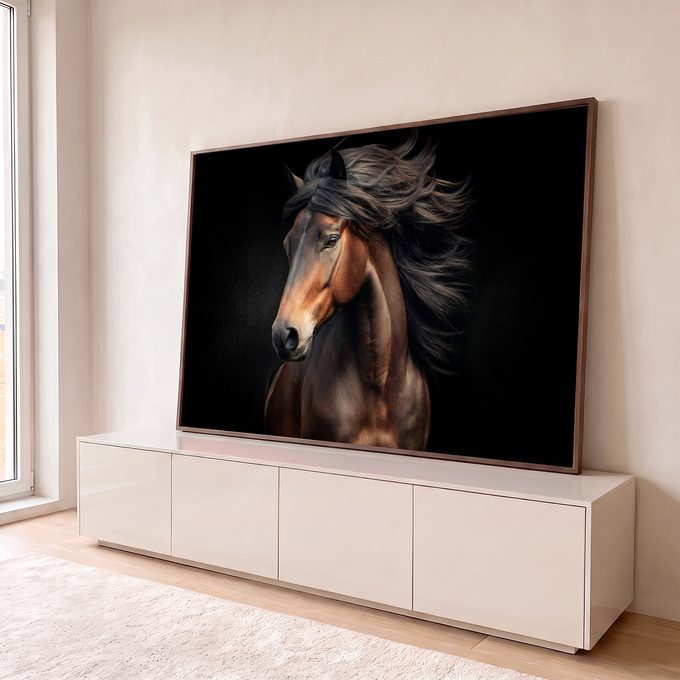 Retrato de cavalo castanho com crina escura esvoaçante e luz dramática sobre fundo preto, quadro decorativo