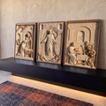 Quadro Decorativo Grande Relevo para Sala Bege | quadros decorativos para sala | painel em relevo bege com natividade, ressurreição de Jesus e última ceia | em Quadros para Sala | Porao dos Quadros