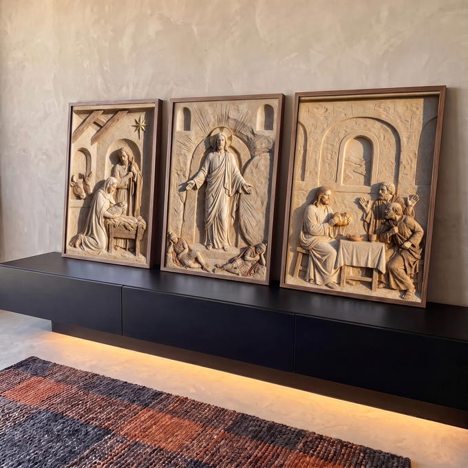 Quadro Decorativo Grande Relevo para Sala Bege | quadros decorativos para sala | painel em relevo bege com natividade, ressurreição de Jesus e última ceia | em Quadros para Sala | Porao dos Quadros