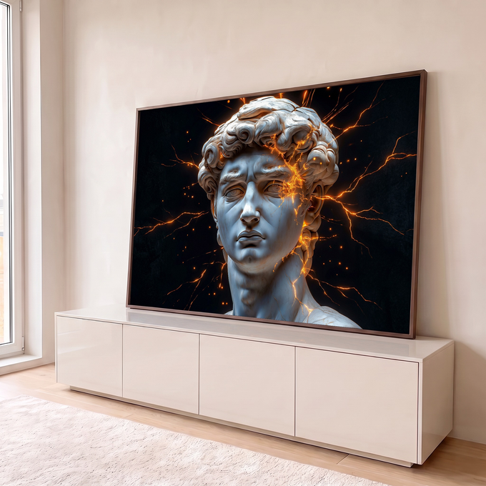 Quadro Decorativo Grande Busto de Davi para Sala Branco | quadros decorativos para sala | busto de Davi em mármore branco com rachaduras de luz laranja sobre fundo preto | em Quadros para Sala | Porao dos Quadros