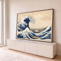 Quadro Decorativo Grande tela de pinturas Azul para Sala | quadros decorativos para sala | grande onda azul com espuma branca sobre barcos e Monte Fuji ao fundo | em Quadros para Sala | Porao dos Quadros