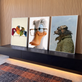 Quadro Decorativo Kit 3 Telas Aves de Folhas para Sala | quadros decorativos para sala | pássaros de folhas, pato de óculos e lobo aviador em três cenas lado a lado | em Quadros para Sala | Porao dos Quadros