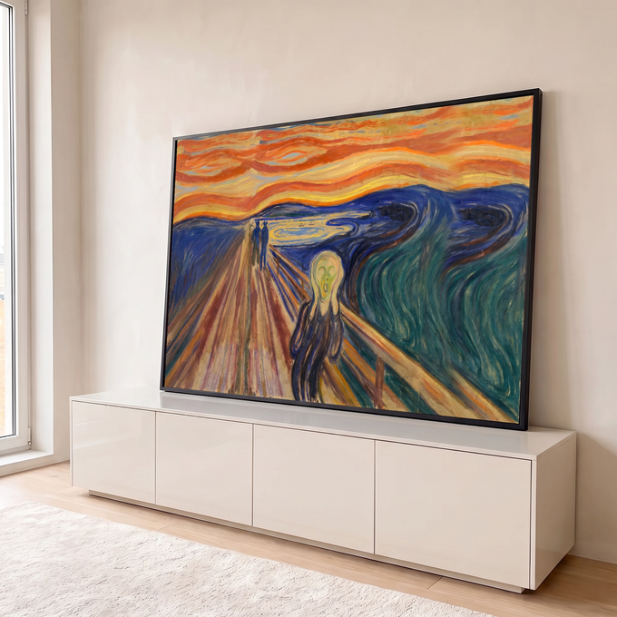 Pintura O Grito de Munch, figura angustiada na ponte sob céu laranja e fiorde azul, quadro decorativo