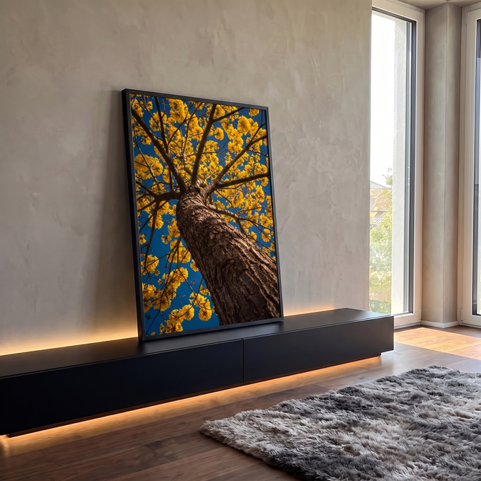Tronco de ipê com flores amarelas visto de baixo contra céu azul intenso, quadro decorativo
