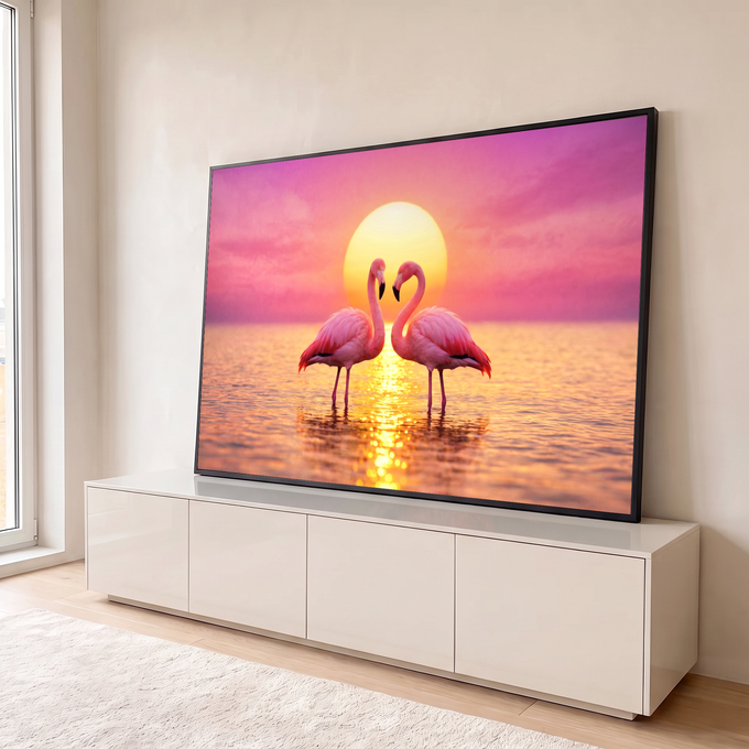 Dois flamingos rosa formando um coração diante do sol dourado refletido na água, quadro decorativo