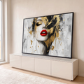 Quadro Decorativo Grande Rosto Lábios Vermelhos para Sala | quadros decorativos para sala | rosto feminino com olhos fechados, lábios vermelhos e respingos de tinta dourada e preta | em Quadros para Sala | Porao dos Quadros