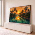 Quadro Decorativo Grande Pôr do Coqueiros para Sala Laranja | quadros decorativos para sala | pôr do sol laranja entre coqueiros refletidos em rio verde-azulado | em Quadros para Sala | Porao dos Quadros