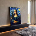 Mona Lisa pintada no estilo Van Gogh com céu estrelado azul, lua amarela e cipreste, quadro decorativo