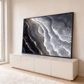 Quadro Decorativo Grande Ondas do Mar para Sala Preto | quadros decorativos para sala | vista aérea abstrata de ondas e rochas em preto, branco e veios dourados | em Quadros para Sala | Porao dos Quadros