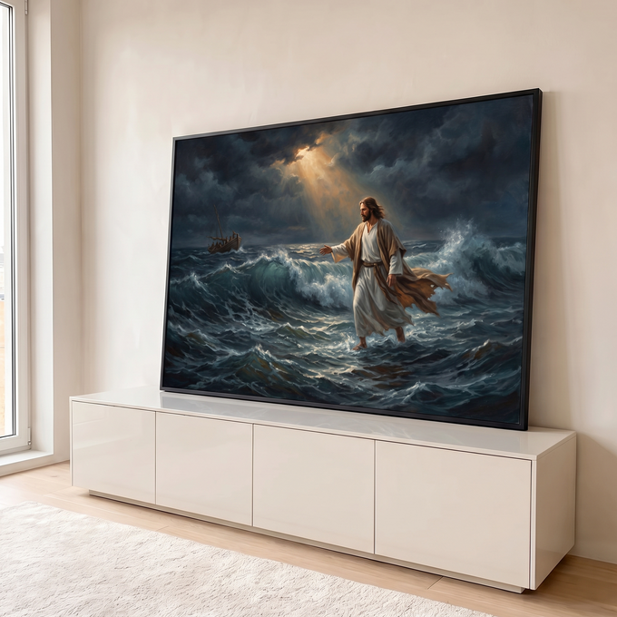 Quadro Decorativo Grande Jesus Caminhando para Sala Azul | quadros decorativos para sala | Jesus caminhando sobre o mar agitado com raio de luz dourada no céu tempestuoso | em Quadros para Sala | Porao dos Quadros