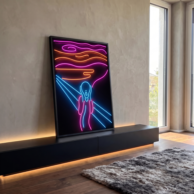 Quadro Decorativo Grande Grito de Munch para Sala Azul | quadros decorativos para sala | figura icônica de O Grito reinterpretada em contornos de neon azul, rosa e laranja | em Quadros para Sala | Porao dos Quadros