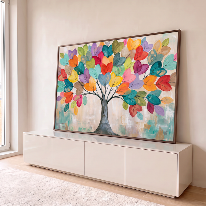 Pintura de árvore da vida com tronco cinza e folhas multicoloridas sobre fundo bege, quadro decorativo