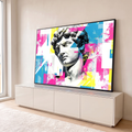 Quadro Decorativo Grande Davi Estátua para Sala Rosa | quadros decorativos para sala | rosto esculpido do Davi em mármore branco sobre fundo pop art colorido | em Quadros para Sala | Porao dos Quadros