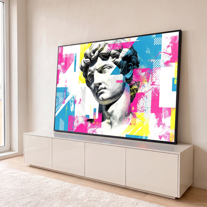 Quadro Decorativo Grande Davi Estátua para Sala Rosa | quadros decorativos para sala | rosto esculpido do Davi em mármore branco sobre fundo pop art colorido | em Quadros para Sala | Porao dos Quadros