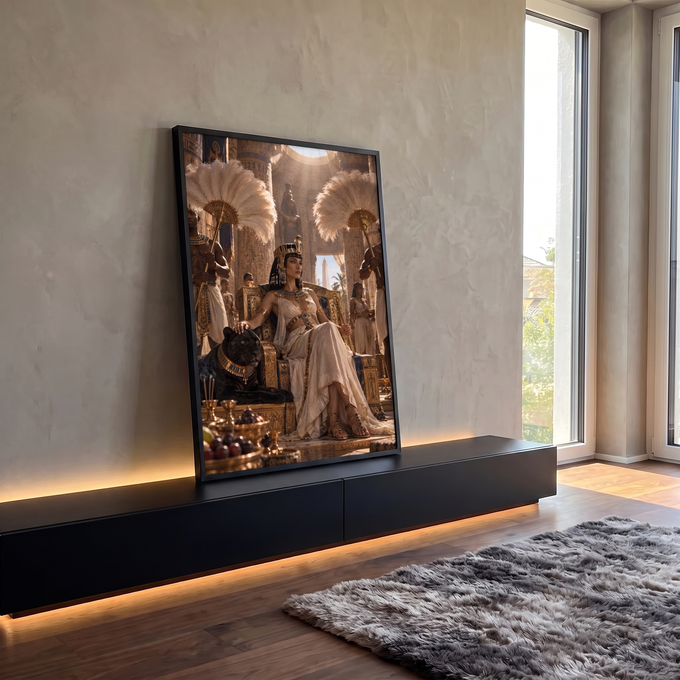 Quadro Decorativo Grande Rainha Egípcia para Sala Dourado | quadros decorativos para sala | rainha egípcia sentada em trono dourado ao lado de uma pantera negra em templo antigo | em Quadros para Sala | Porao dos Quadros