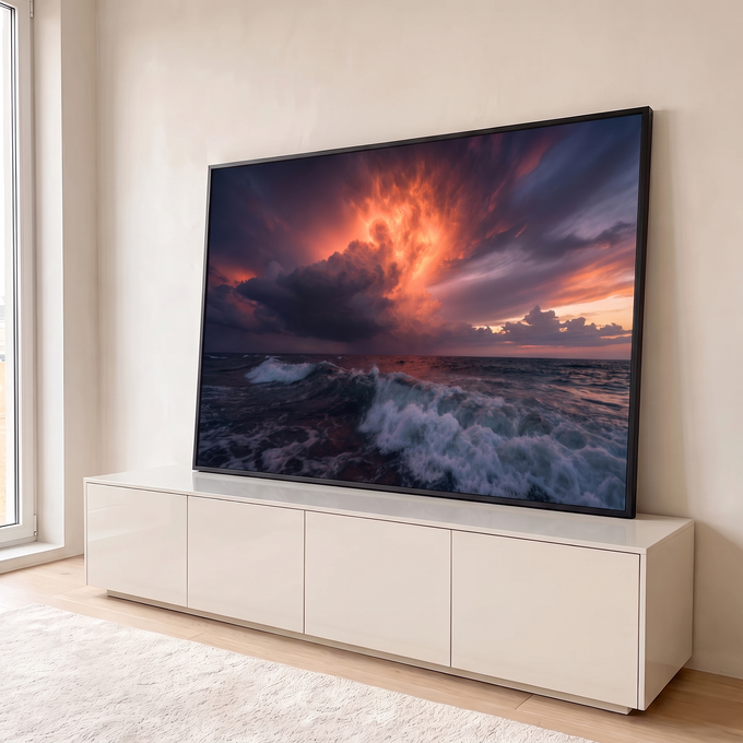 Quadro Decorativo Grande Céu de Fogo para Sala Laranja | quadros decorativos para sala | céu em tons de fogo com nuvem em formato de labareda sobre mar agitado | em Quadros para Sala | Porao dos Quadros