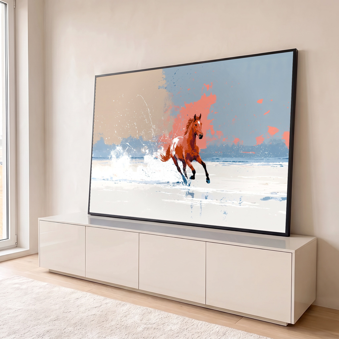Cavalo alazão galopando na água rasa com respingos, fundo abstrato cinza, bege e coral, quadro decorativo
