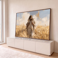 Quadro Decorativo Grande Jesus Bom Pastor Trigal para Sala | quadros decorativos para sala | homem de manto branco carregando cordeiro em campo de trigo dourado sob céu azul | em Quadros para Sala | Porao dos Quadros
