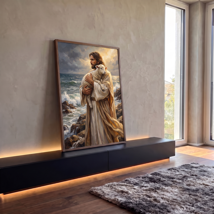 Quadro Decorativo Grande Jesus Segurando Dourado para Sala | quadros decorativos para sala | homem de manto segurando cordeiro branco à beira-mar com luz dourada no céu | em Quadros para Sala | Porao dos Quadros