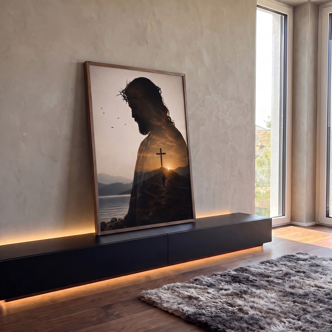 Quadro Decorativo Grande Jesus Cristo Cruz para Sala Marrom | quadros decorativos para sala | silhueta de Jesus com coroa de espinhos sobreposta a cruz e pôr do sol em montanhas | em Quadros para Sala | Porao dos Quadros
