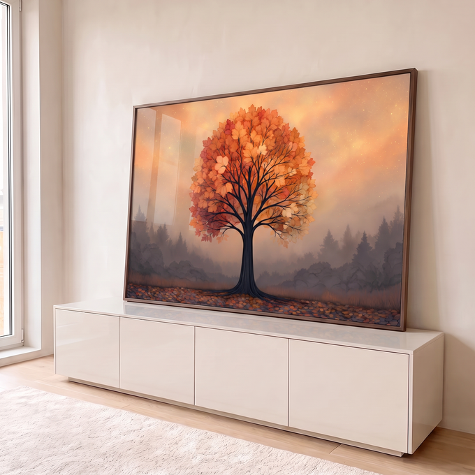 Árvore de copa laranja com folhas de outono, céu estrelado e pinheiros na neblina, quadro decorativo