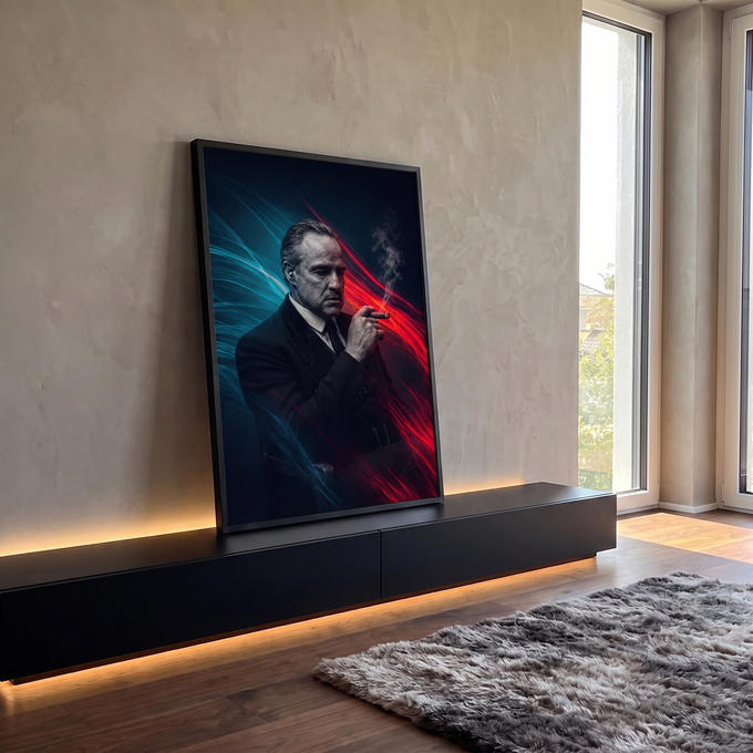 Gangster de terno fumando charuto com luzes neon vermelha e azul em fundo escuro, quadro decorativo