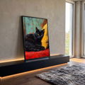 Quadro Decorativo Gato Preto de Olhos Amarelos em Pintura | quadros decorativos para sala | gato preto de olhos amarelos deitado sobre tecido vermelho e almofada amarela | em Quadros para Sala | Porao dos Quadros