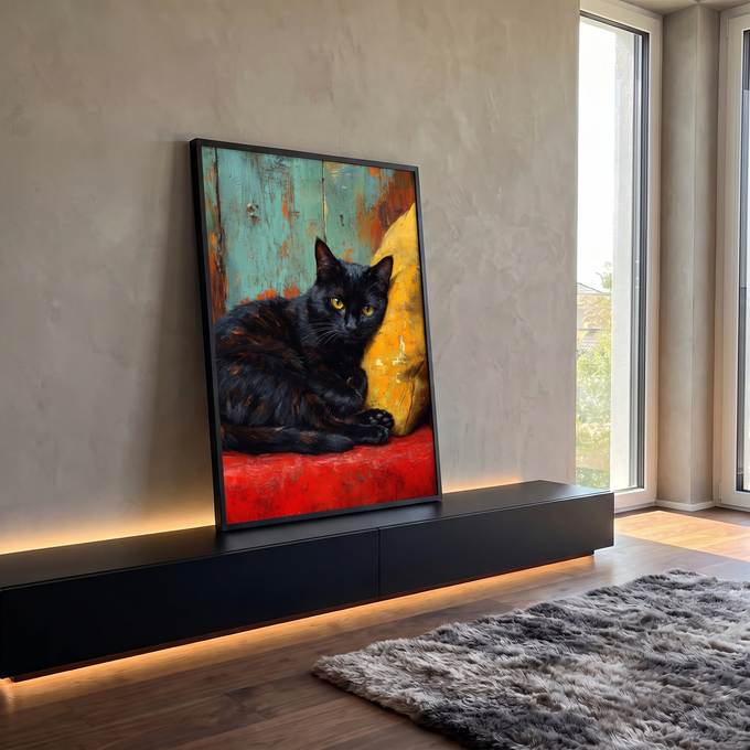 Quadro Decorativo Gato Preto de Olhos Amarelos em Pintura | quadros decorativos para sala | gato preto de olhos amarelos deitado sobre tecido vermelho e almofada amarela | em Quadros para Sala | Porao dos Quadros