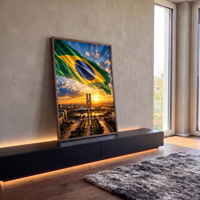 Bandeira do Brasil tremulando sobre o Congresso Nacional em Brasília ao pôr do sol dourado, quadro decorativo