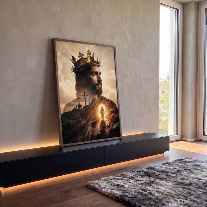 Quadro Decorativo Grande Jesus Rei para Sala Dourado | quadros decorativos para sala | rosto de Jesus com coroa de espinhos e coroa dourada sobre cena de cruzes e túmulo iluminado | em Quadros para Sala | Porao dos Quadros