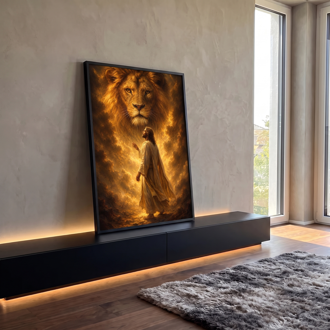 Quadro Decorativo Grande Leão e Jesus Dourado para Sala | quadros decorativos para sala | homem de manto claro olhando para um leão dourado gigante em nuvens de fogo | em Quadros para Sala | Porao dos Quadros