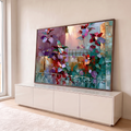 Quadro Decorativo Folhas Abstratas em Roxo Vermelho e Verde | quadros decorativos para sala | folhas abstratas em roxo, vermelho e verde com textura de tinta grossa sobre fundo colorido | em Quadros para Sala | Porao dos Quadros