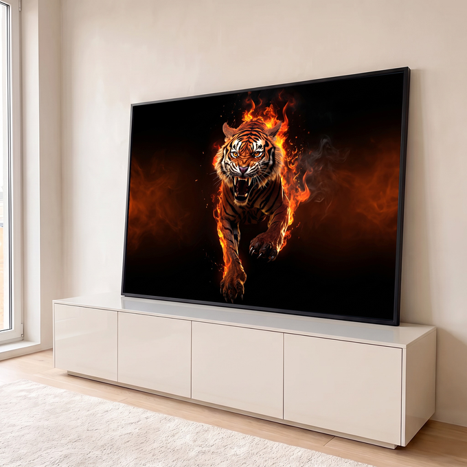 Tigre rugindo e avançando envolto em chamas laranja sobre fundo preto com fumaça, quadro decorativo