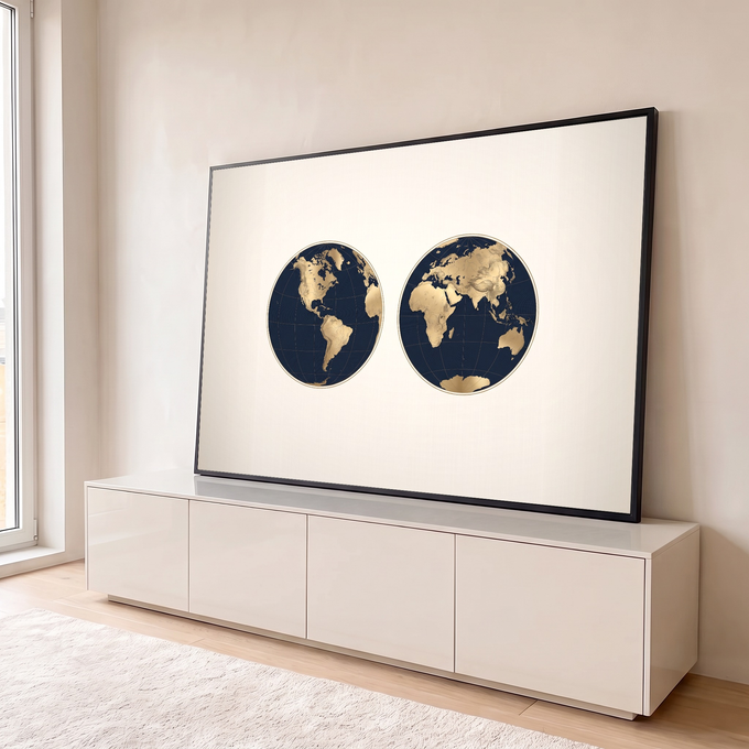 Mapa-múndi em dois hemisférios com continentes dourados e oceanos azul-marinho sobre fundo creme, quadro decorativo