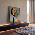 Homem de chapéu coco observa olho gigante, casas coloridas e estrada arco-íris surreal, quadro decorativo