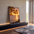 Quadro Decorativo Folhas de Bordo ao Pôr do Sol no Mar | quadros decorativos para sala | galho de folhas de bordo emoldurando pôr do sol dourado sobre o mar | em Quadros para Sala | Porao dos Quadros