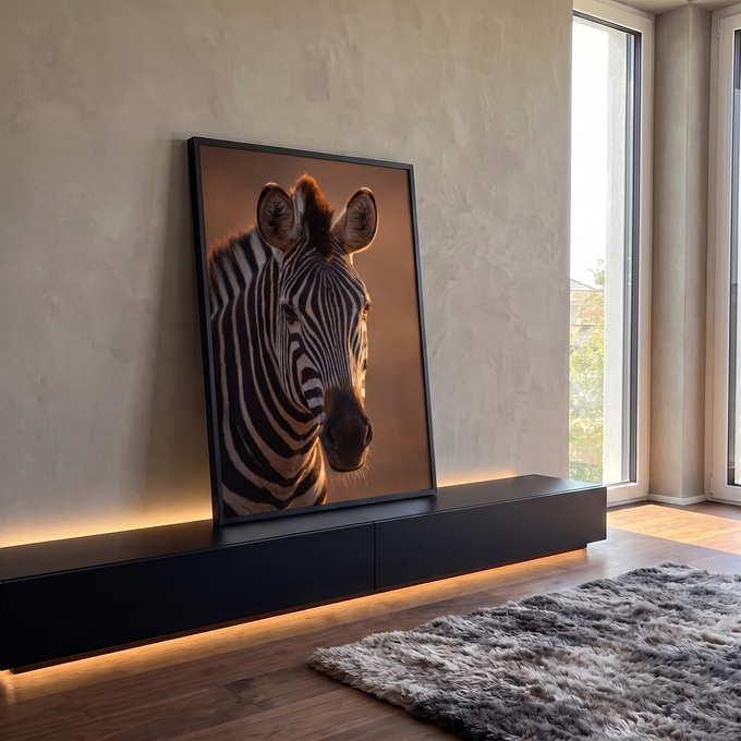 Zebra com listras iluminadas por luz dourada sobre fundo marrom desfocado, quadro decorativo