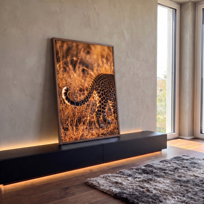 Quadro Decorativo Grande Leopardo Caminhando para Sala | quadros decorativos para sala | leopardo caminhando por grama seca dourada sob luz quente de entardecer | em Quadros para Sala | Porao dos Quadros