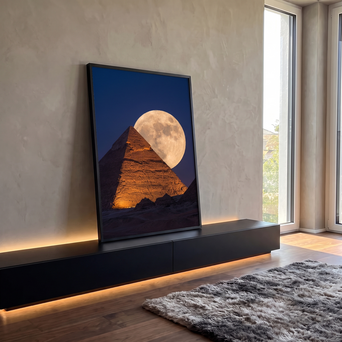 Quadro Decorativo Grande Pirâmide Iluminada para Sala Azul | quadros decorativos para sala | pirâmide de Gizé iluminada em laranja com lua cheia enorme ao fundo em céu azul escuro | em Quadros para Sala | Porao dos Quadros