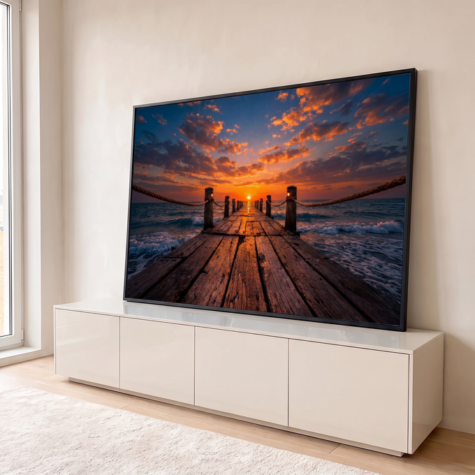 Píer de madeira com cordas e lanternas sobre o mar com ondas sob céu laranja ao pôr do sol, quadro decorativo