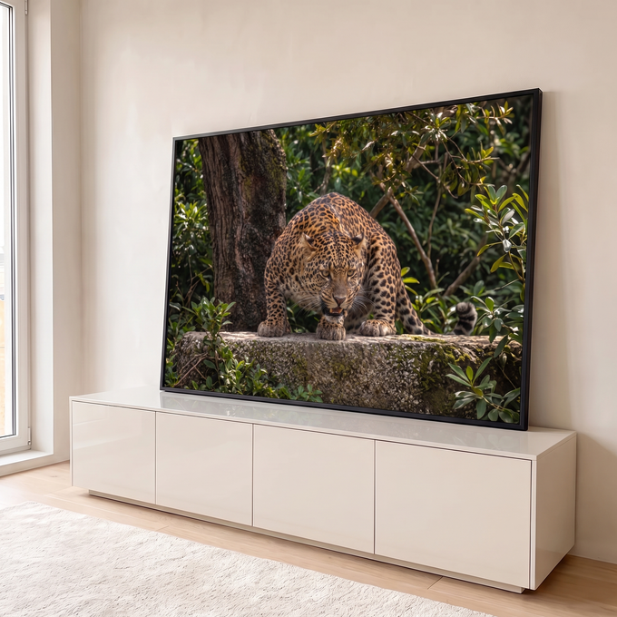 Quadro Decorativo Grande Leopardo Rosnando para Sala Verde | quadros decorativos para sala | leopardo agachado numa rocha com boca aberta em meio à floresta verde | em Quadros para Sala | Porao dos Quadros